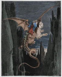 Inferno, Canto 17 : Zejście w otchłań na plecach Geryona, ilustracja z Boskiej komedii autorstwa Dante Alighieri, 1885 (cyfrowo kolorowane grawerowanie)